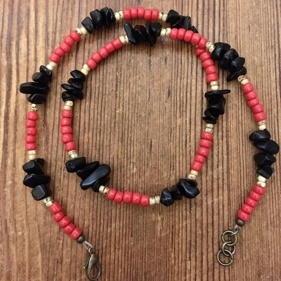 Men's Necklace, 18 Inches Long, Red and Black Nuggets /Handmade Men's Necklace - Picture 7 of 12